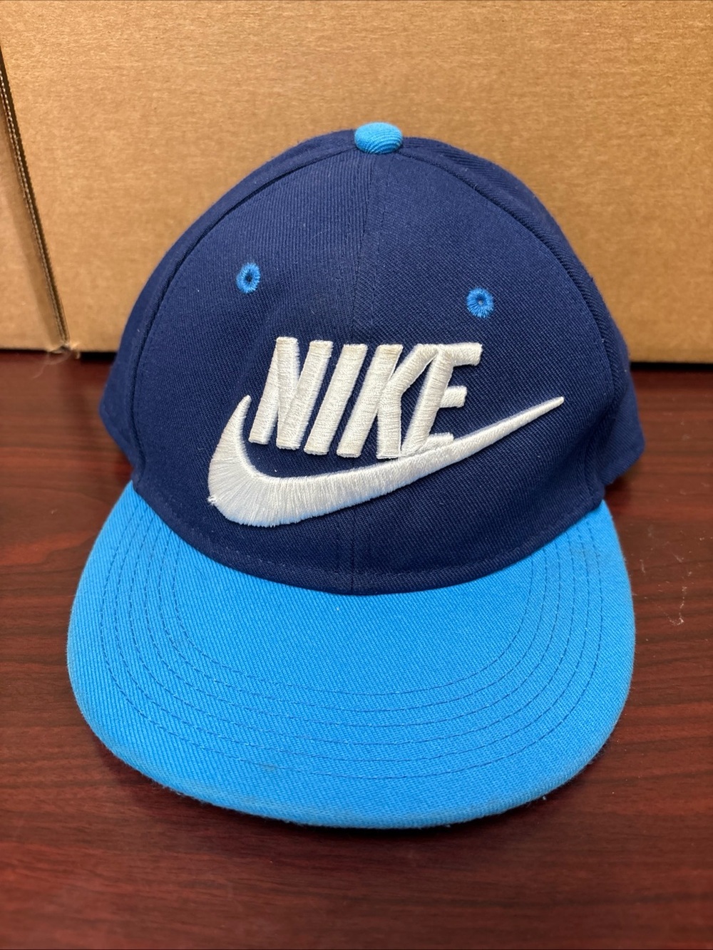 Vintage Nike Swoosh Large Spell Out SnapBack Hat Cap Blue Two Tone Retro Y2K